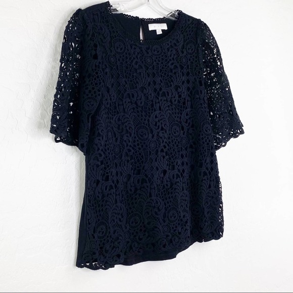 Anthro Eri + Ali Suzy Black Lace Overlay Crochet Tee Top Blouse Small - Picture 5 of 12